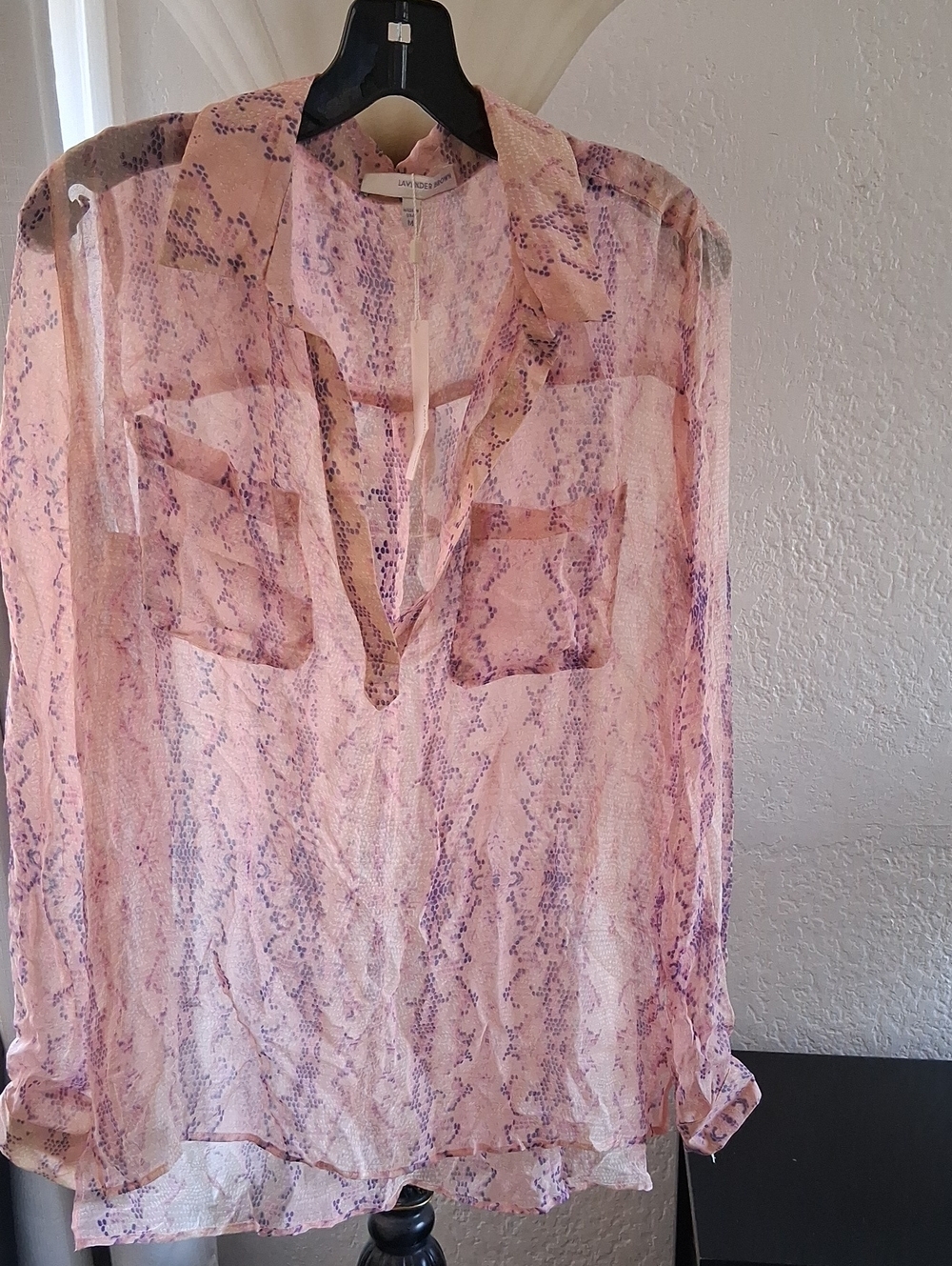 Lavender Brown Pink Sheer Printed Blouse with Lavender Detail